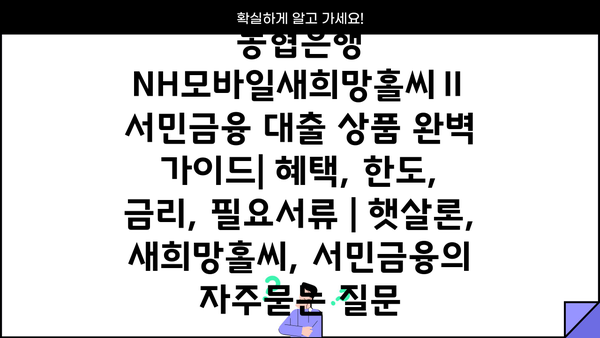 농협은행 NH모바일새희망홀씨Ⅱ 서민금융 대출 상품 완벽 가이드| 혜택, 한도, 금리, 필요서류 | 햇살론, 새희망홀씨, 서민금융