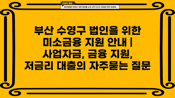 부산 수영구 법인을 위한 미소금융 지원 안내 | 사업자금, 금융 지원, 저금리 대출